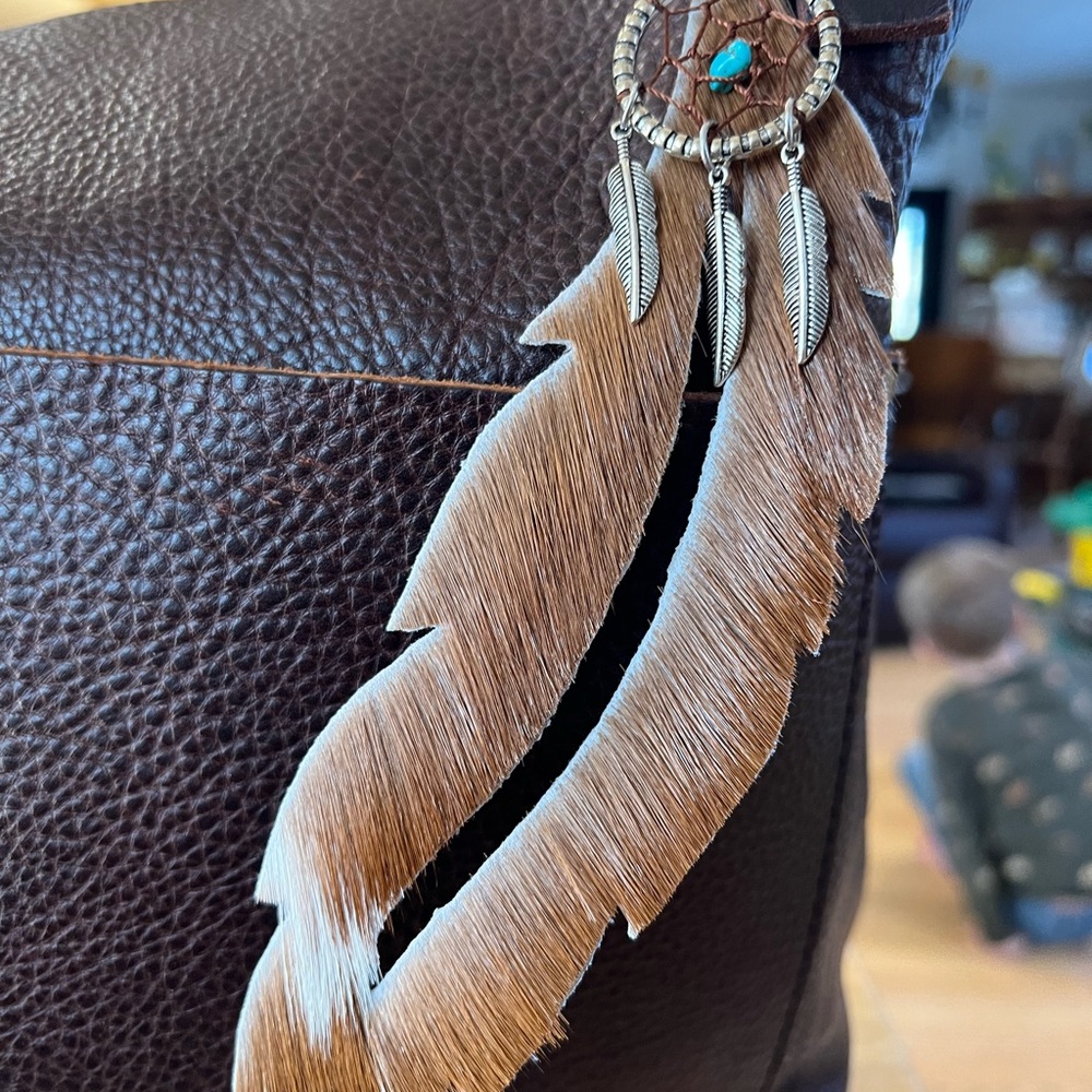 Leather hair on hide feather with Dream Catcher purse charm
